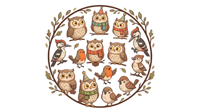 Cute woodland birds and owls in a circular wreath illustration