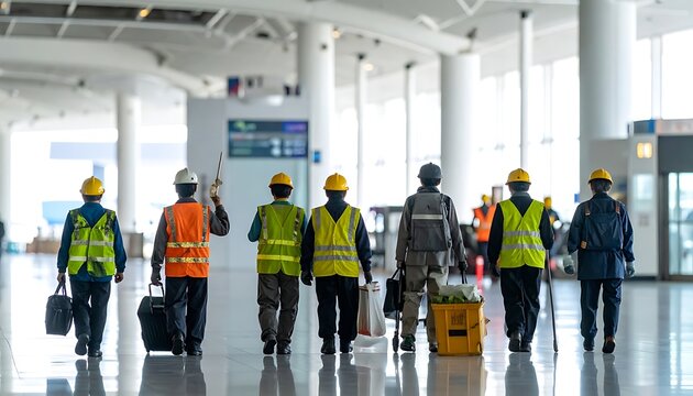 Workers in safety gear walk toward the blurred distance in a bright airport, backs to the viewer
