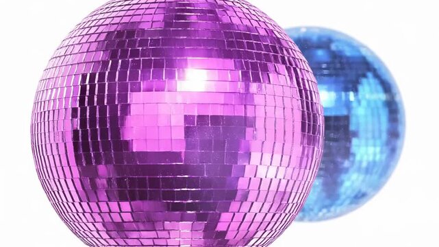 Sparkling disco balls in pink and blue rotate and reflect light creating a vibrant party atmosphere
