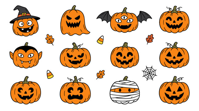 Set of cute Halloween pumpkin characters and spooky doodles