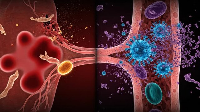 Viral Hemorrhagic Fever Pathogenesis Split Screen Animation Showing Macroscopic Tissue Hemorrhage And Microscopic Endothelial Cell Destruction