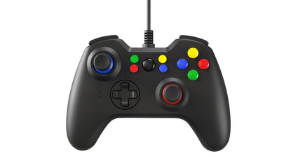 Black video game controller with colorful buttons and analog sticks © Luca