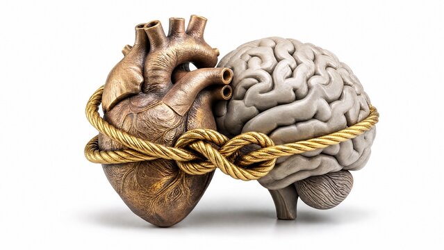 Anatomical heart and brain sculpture tied with a golden rope, symbolizing the connection between emotion and intellect.