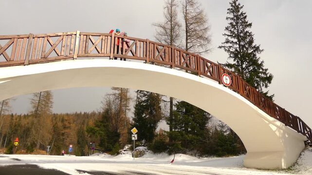 Two little beautiful girls walk on bridge near Strbske Pleso, is a favorite ski, tourist, and health resort in the High Tatras, Slovakia.