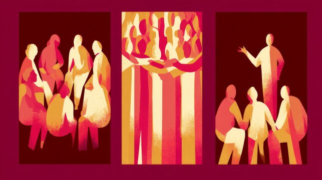 Three panels show abstract human figures in warm tones. Left panel: group gathers closely, suggesting unity or conversation. Middle panel: stylized tree with leafy branches