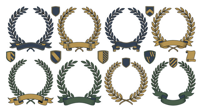 Set of laurel wreaths ribbons and heraldic shields vector