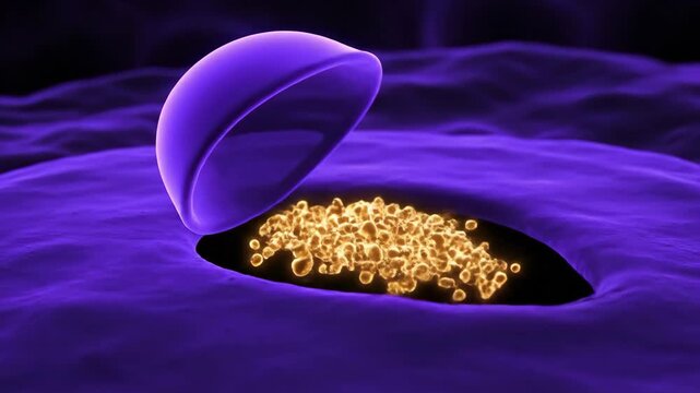 Microscopic view of synaptic vesicle fusion and neurotransmitter release in a neuron.
