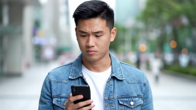 A young man is looking at his phone with a puzzled expression