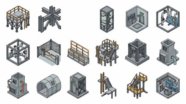 Set of isometric industrial construction elements and factory machinery components for engineering design.