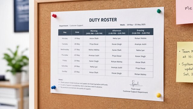 Duty roster pinned to a soft cork board with colorful push pins, clean and organized composition.