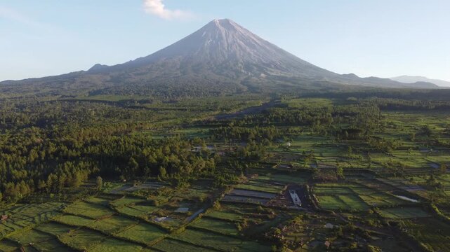 Drone view of Mount Semeru overlooking the agricultural landscape of Pronojiwo, East Java, with green farmland and volcanic scenery illuminated by morning light.