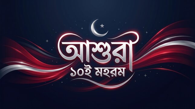 Ashura 10th muharram bengali typography design with a crescent moon symbol on a dark elegant background