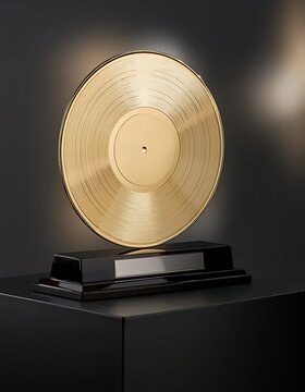 Golden Vinyl Record on Display Stand.