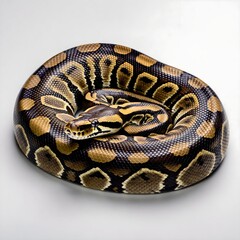Fototapeta premium A coiled ball python with patterned scales rests against a light colored neutral background regius snake reptile serpent constrictor
