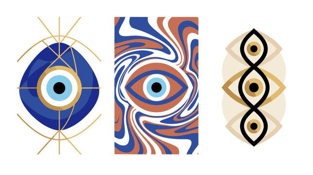 Set of abstract evil eye posters with geometric decorative designs