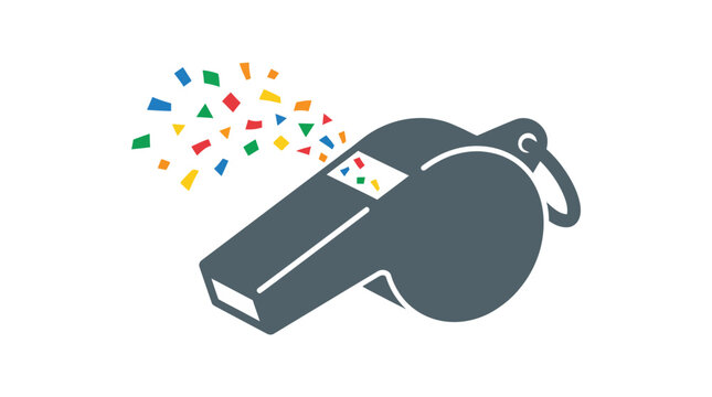 Sports whistle with colorful confetti blowing out.