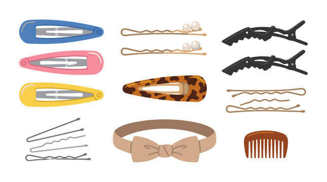 Set of colorful hair clips, pins, comb and headband accessories