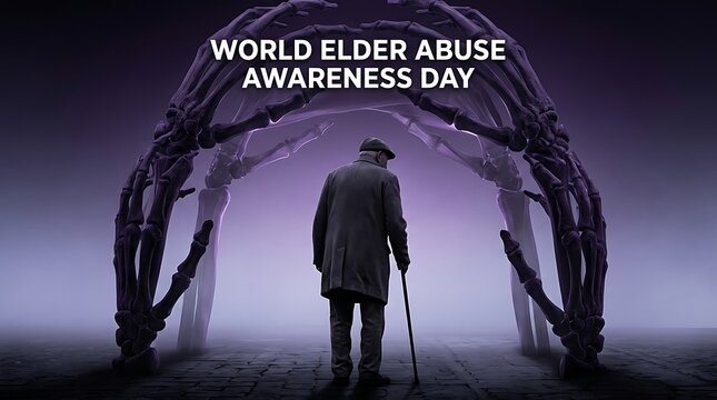 Silhouette of elderly person under giant skeletal hands arch for world elder abuse awareness concept