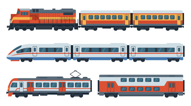 Flat vector set of different passenger trains and rail cars