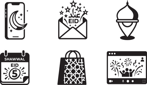 Digital Eid al-Fitr Celebration and Shopping Vector Icon Set