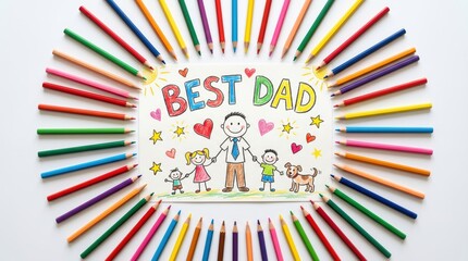 Fototapeta premium Hand drawn best dad greeting card illustration surrounded by colorful pencils