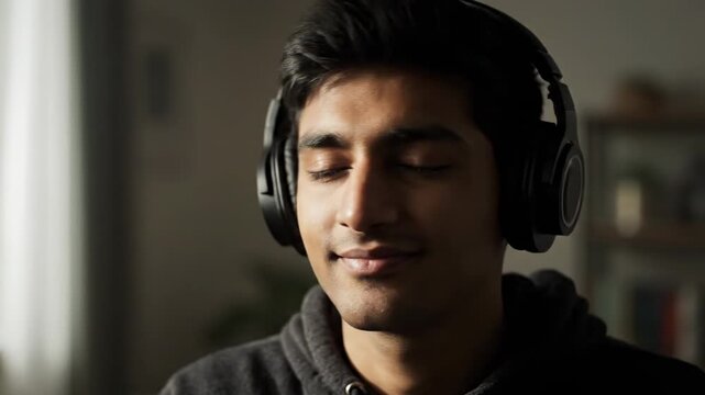 A young man with dark hair, eyes closed, wearing over-ear headphones, a slight smile on his face, enjoying music
