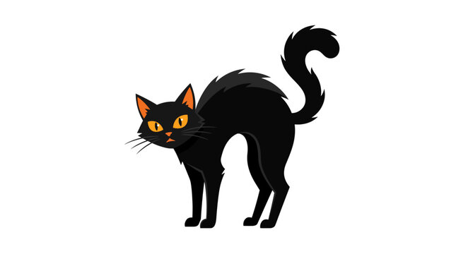 Scared black cat with arched back and yellow eyes.