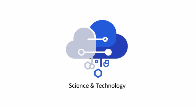 Abstract representation of interconnected digital clouds with scientific symbols below