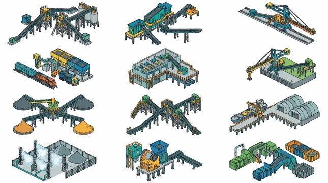 Set of isometric industrial factory and mining facility icons with conveyor belts and machinery.