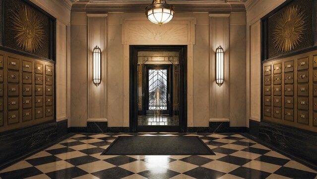 Art Deco apartment lobby with brass mailboxes and black and white floor tiles.