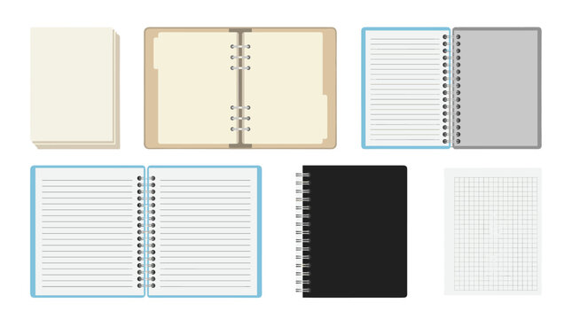 Set of open and closed notebooks and planner pages illustration