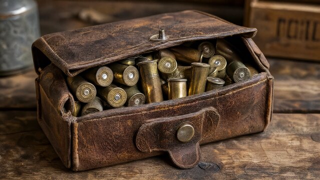 A worn leather pouch filled with brass shotgun shells on a rustic wooden surface.