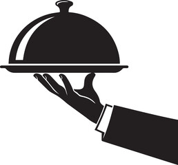 Fototapeta premium Professional waiter hand holding silver serving tray with dome cloche lid for luxury restaurant catering and fine dining service illustration.