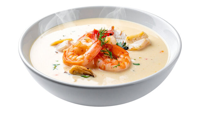 Creamy seafood chowder with shrimp and fish pieces, steaming bowl, isolated on transparent background.