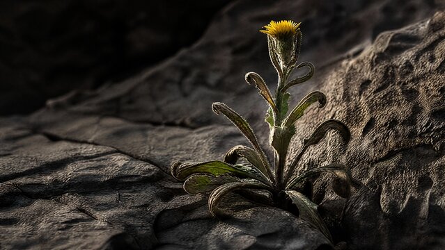 Wild plant growing from a dry crack in a rock with dramatic side lighting.