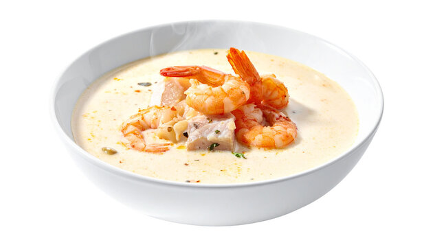 Creamy seafood chowder with shrimp and fish pieces, steaming bowl, isolated on transparent background