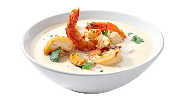 Creamy seafood chowder with shrimp and fish pieces, steaming bowl, isolated on transparent background