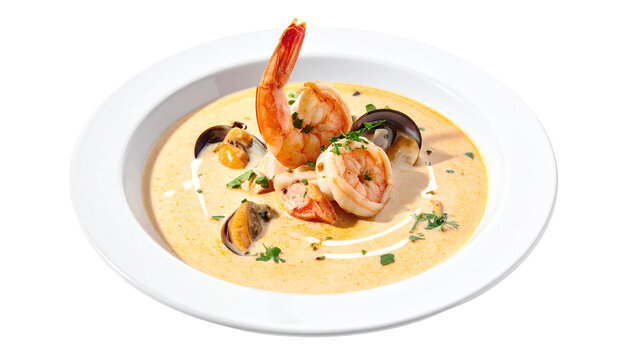 Creamy seafood chowder with shrimp and fish pieces, steaming bowl, isolated on transparent background, premium food photography