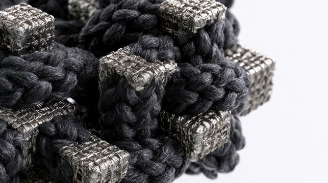 Macro view of complex 3D braided structure from charcoal cashmere and precious silver threads forming geometric interlocking cubes gracefully floating in clean minimalist space. 