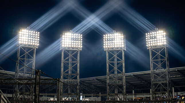 Stadium Floodlight Towers with Dramatic Light Beams at Night Against Dark Sky