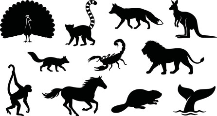 Black silhouette icons of various wild animals and creatures collection © SAYEDAJANNATUL