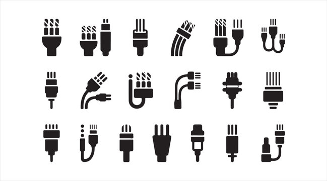 Energy Transmission Vector Icon Pack with Electrical Connectors, Wiring Cables and Power Plugs