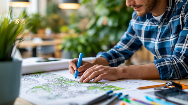 Anonymous landscape architect reviewing and annotating a detailed garden plan at a design desk, professional planning and architectural concept, faceless, defocused office