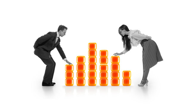 Business people arranging orange blocks like growth chart on white background. Concept of data analysis, sales growth, teamwork, financial planning and performance improvement.