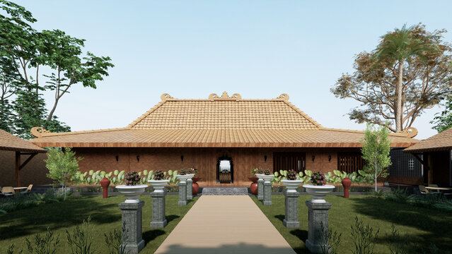 Joglo House design, a traditional Central Javanese house, Indonesia. 3D rendering