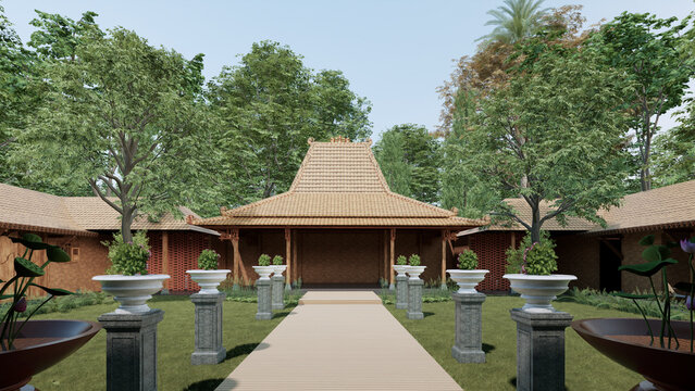 Joglo House design, a traditional Central Javanese house, Indonesia. 3D rendering