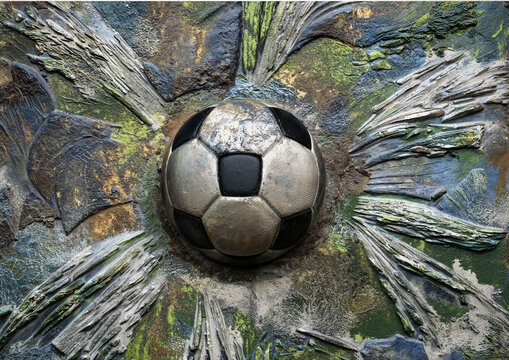 Rappresentazione artistica di un pallone da calcio integrato in una scultura materica e astratta 1801