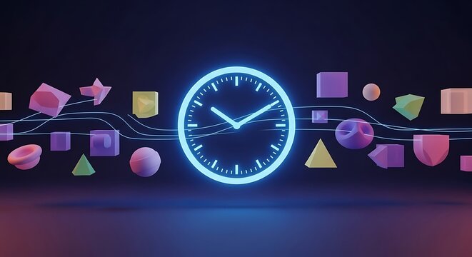 Glowing digital clock face floating in a dark space surrounded by various colorful 3d geometric shapes and light waves in a modern abstract style