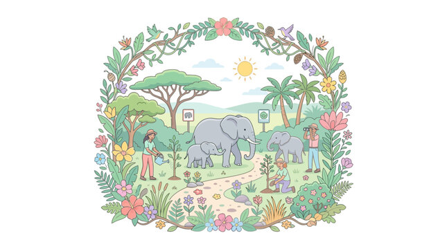 Safari Wildlife Scene with Elephants, People, and Lush Nature