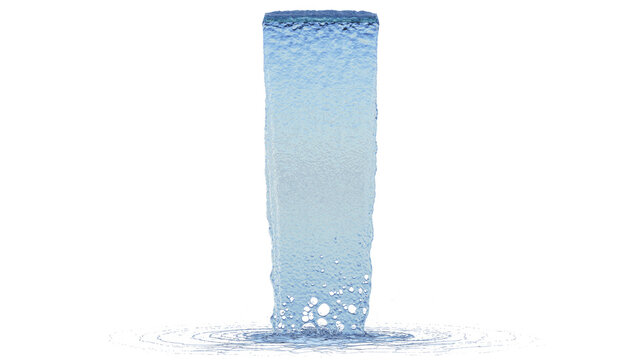 Front view of a Small wall of large Water flow with some splashes and ripples on the ground with a white background